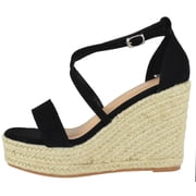 TOP MODA Women Espadrille Wedge High Heels Sandals Open Peep Toe Platform Ankle Strap PLATA-1 Black Nubuck 10
