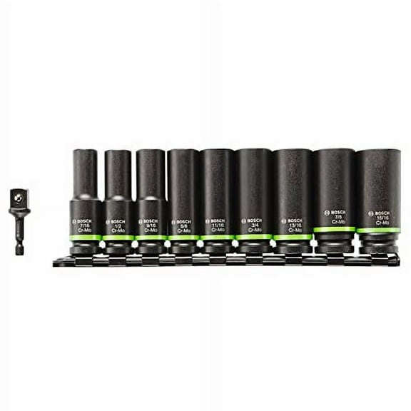 Bosch ITDSO12V10 10 pc. Impact Tough Deep Well 1/2" Socket Set with 1/4" Hex to 1/2" Socket Adapter, Black