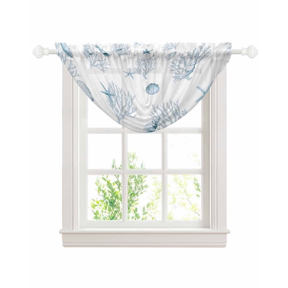 Ocean Blue Coral Sheer Waterfall Valance Curtains for Window, Summer Coastal Starfish Conch Nautical Rod Pocket Sheer Topper Swag Curtains for Living Room, Kitchen 38.5"W x 47.2"L, 1 Panel
