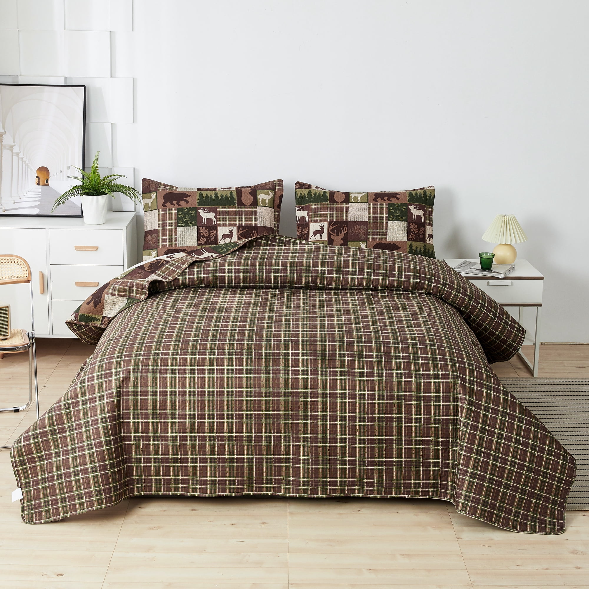 Green Essen Rustic Quilt Sets Queen/Full Size Moose Bear Bedding Reversible Microfiber Bedspread Plaid Coverlet Cabin Decor