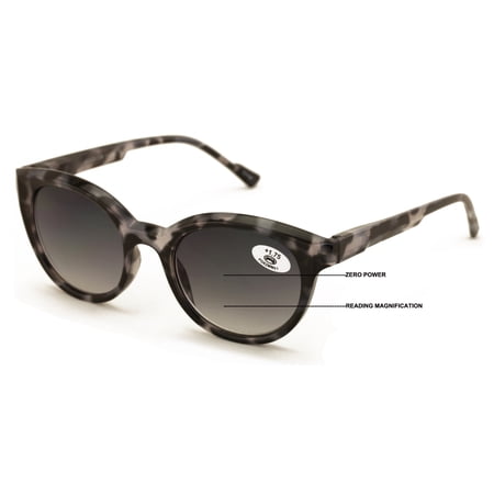 Women Round Progressive Bifocal Reading Sunglasses - No Line or Bubble - Zero Power on Top Reader +1.00
