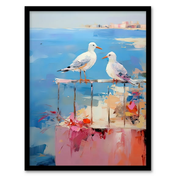 Birds By the Beach Abstract Oil Painting Blue Pink Orange Bathroom Artwork Seagulls on Railing Art Print Framed Poster Wall Decor 12x16 inch