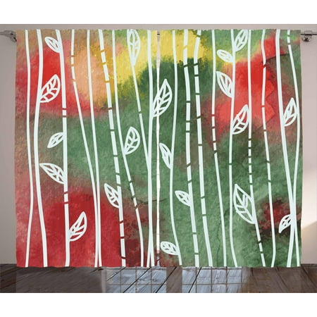 Dirty Windows - Watercolor Curtains 2 Panels Set, Doodle Style Leaves on Stems Grunge Motley Backdrop Dirty Look Exotic, Window Drapes for Living Room Bedroom, 108W X 90L Inches, Jade Green Yellow Red, by Ambesonne