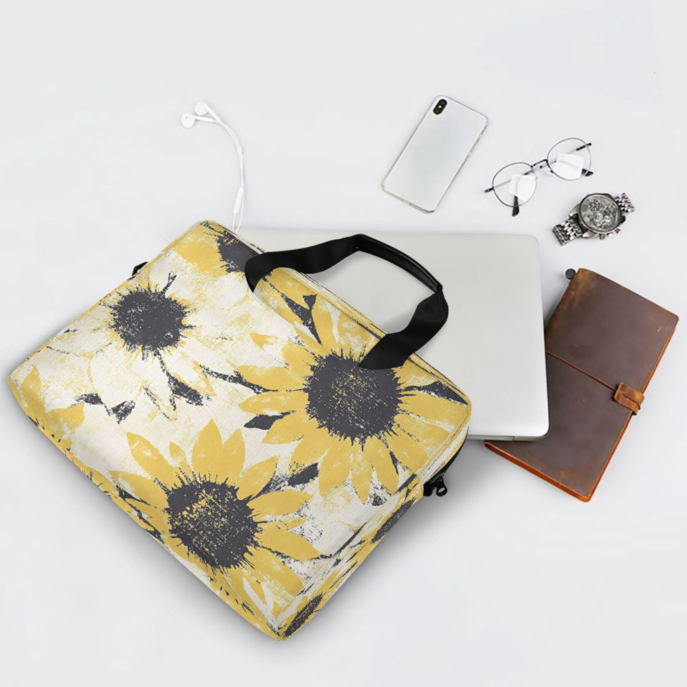 16" Laptop Tote Bag Laptop Sleeve Case Computer Briefcase for Work & Travel Yellow and White Sunflower