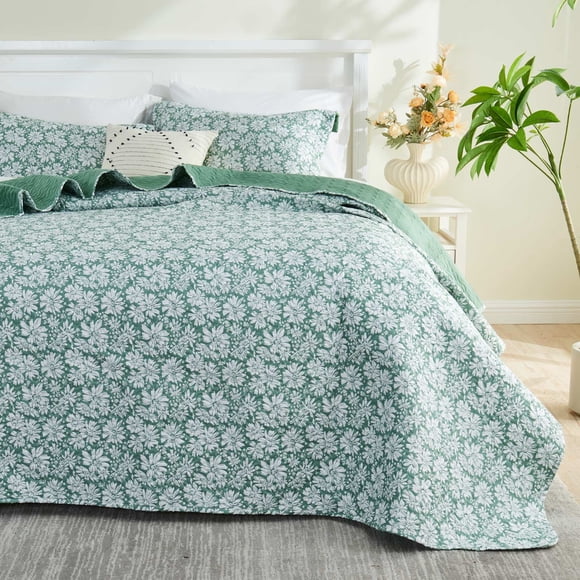 Gogreen Luxury Printed Quilt Set Queen Size, Lightweight Comforter Set, Oversized Bedspread Coverlet Quilted Bedding Set, with 2 Matching Pillowcases, for All Season