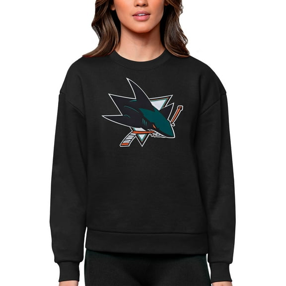 Women's Antigua Black San Jose Sharks Primary Logo Team Logo Victory Crewneck Pullover Sweatshirt