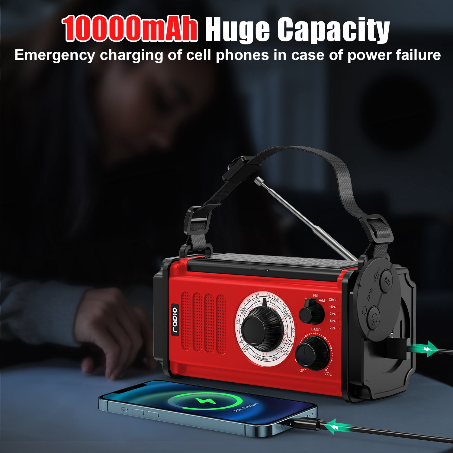 Jazmm 37000mWh Hand Crank Emergency Radio, Portable Solar  AM/FM/NOAA Weather Radio with Rechargeable Battery Powered, USB Charger, SOS Alarm, Flashlight/Reading Lamp for Home Outdoor Survival(Green）