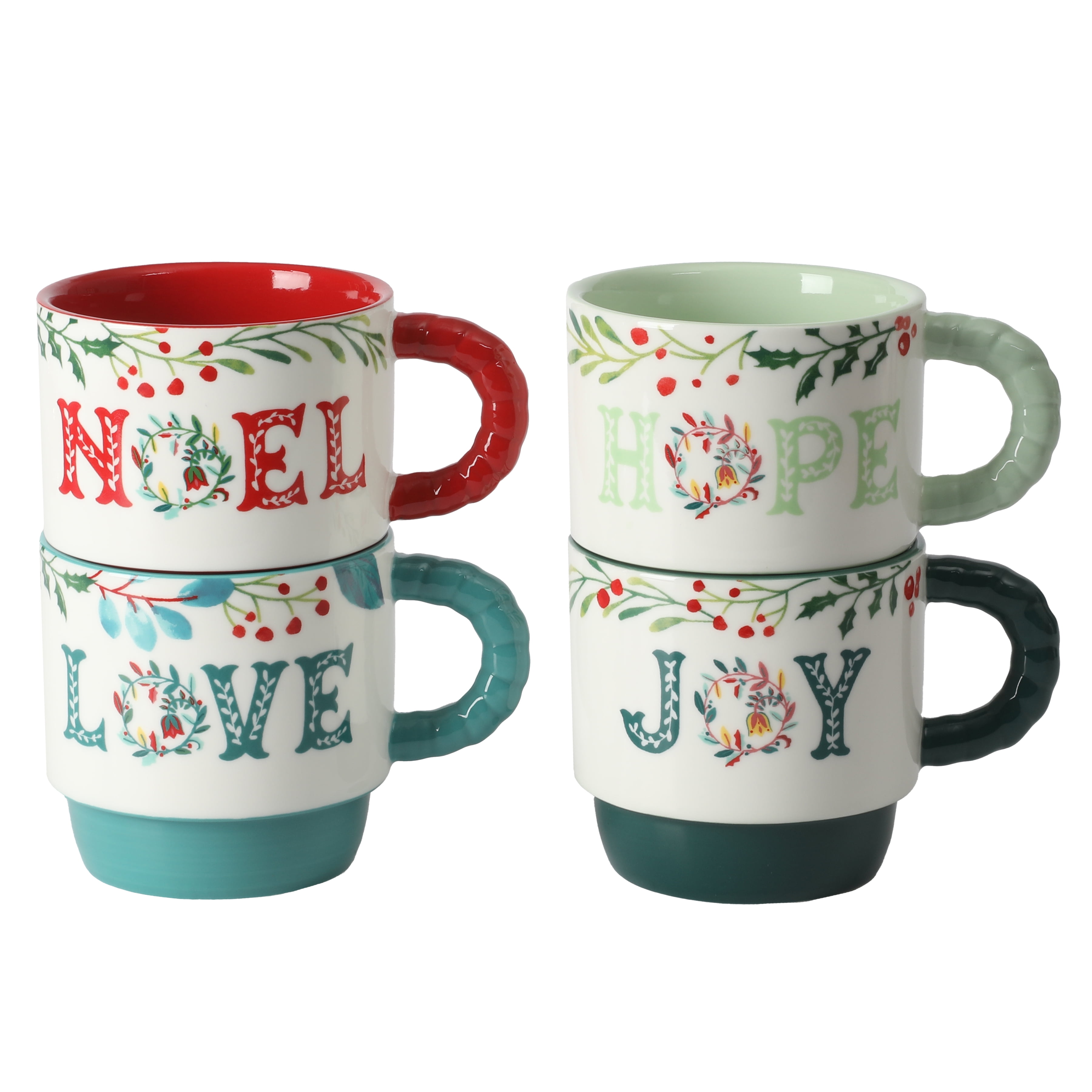 The Pioneer Woman Merry Meadow Sentiments 5-Piece 12.5oz Stoneware Stacking Mugs with Rack