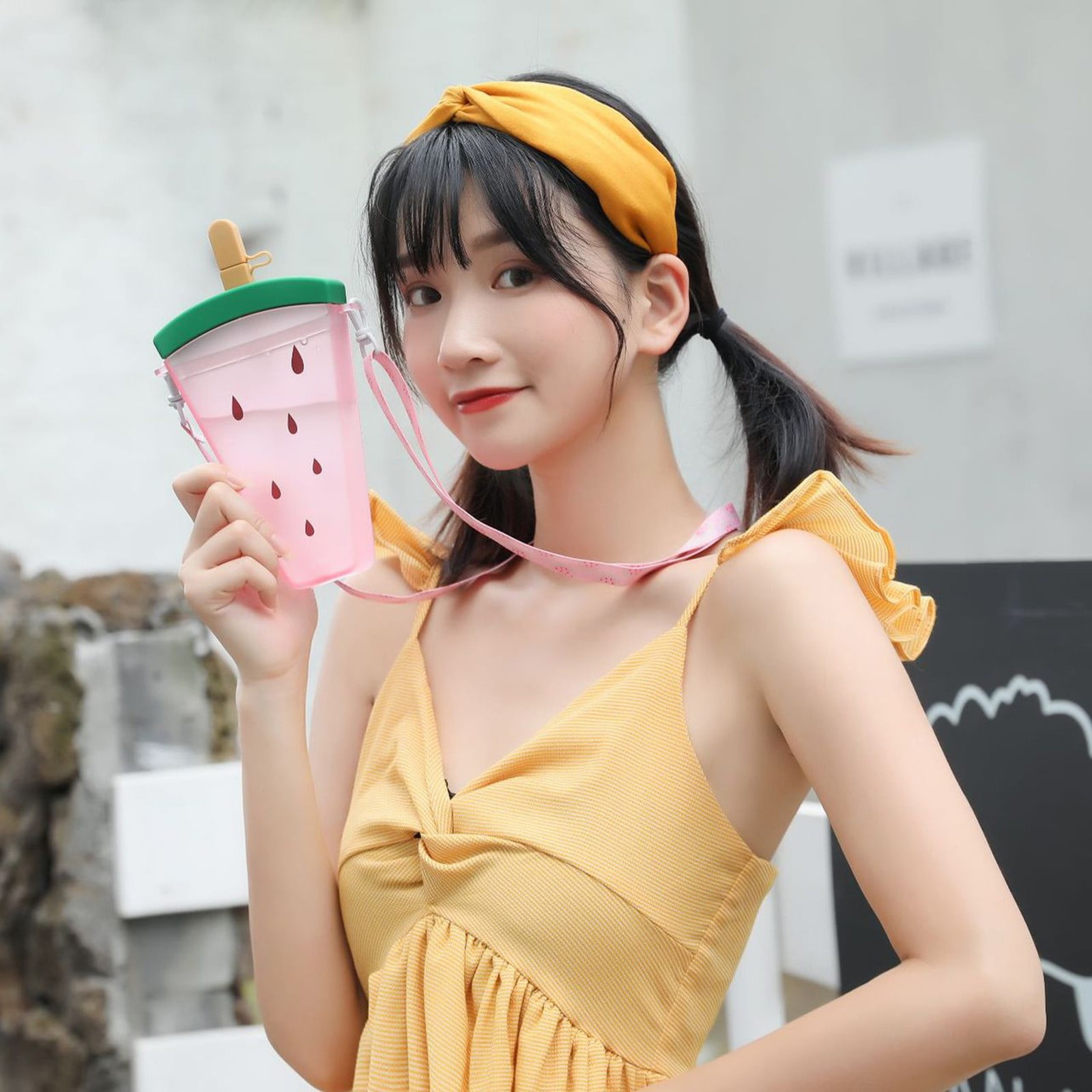 THHEIC 320ml Cute Watermelon Design Insulated Straw Water Bottle with Shoulder Strap, Portable Popsicle Cup for Gym, Office, Travel, and Outdoor Activities