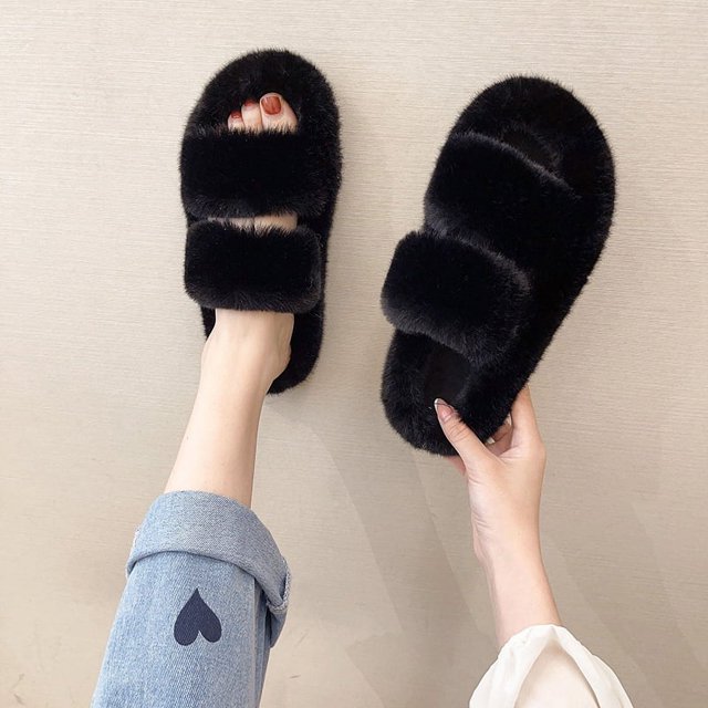 Zapatos de felpa para mujer para exteriores de otoño e invierno, zapatillas de felpa de una correa para mujer, zapatillas de pelo para el hogar de estilo informal coreano