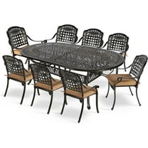 MEETWARM 9-Piece Outdoor Furniture Dining Set, All Weather Cast Aluminum Patio Garden Set with 8 Chairs, 8 Cushions, 1 Oval Table, 2.2" Umbrella Hole, Dark Bronze