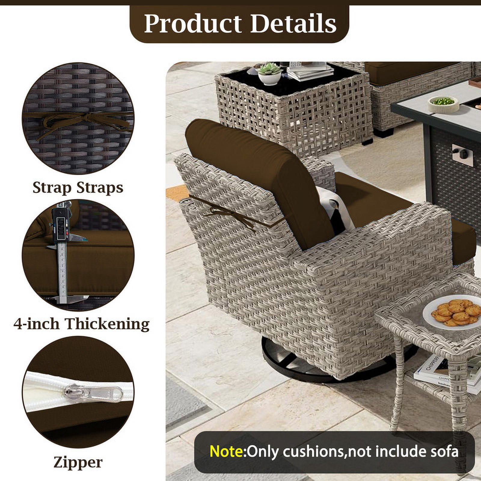 Outdoor Cushions for Patio Furniture Replacement, 4" Foam High-Density, 14-Piece Water-Resistant Outdoor Cushion for 6-Seat Sectional Patio Conversation Sets（Coffee）