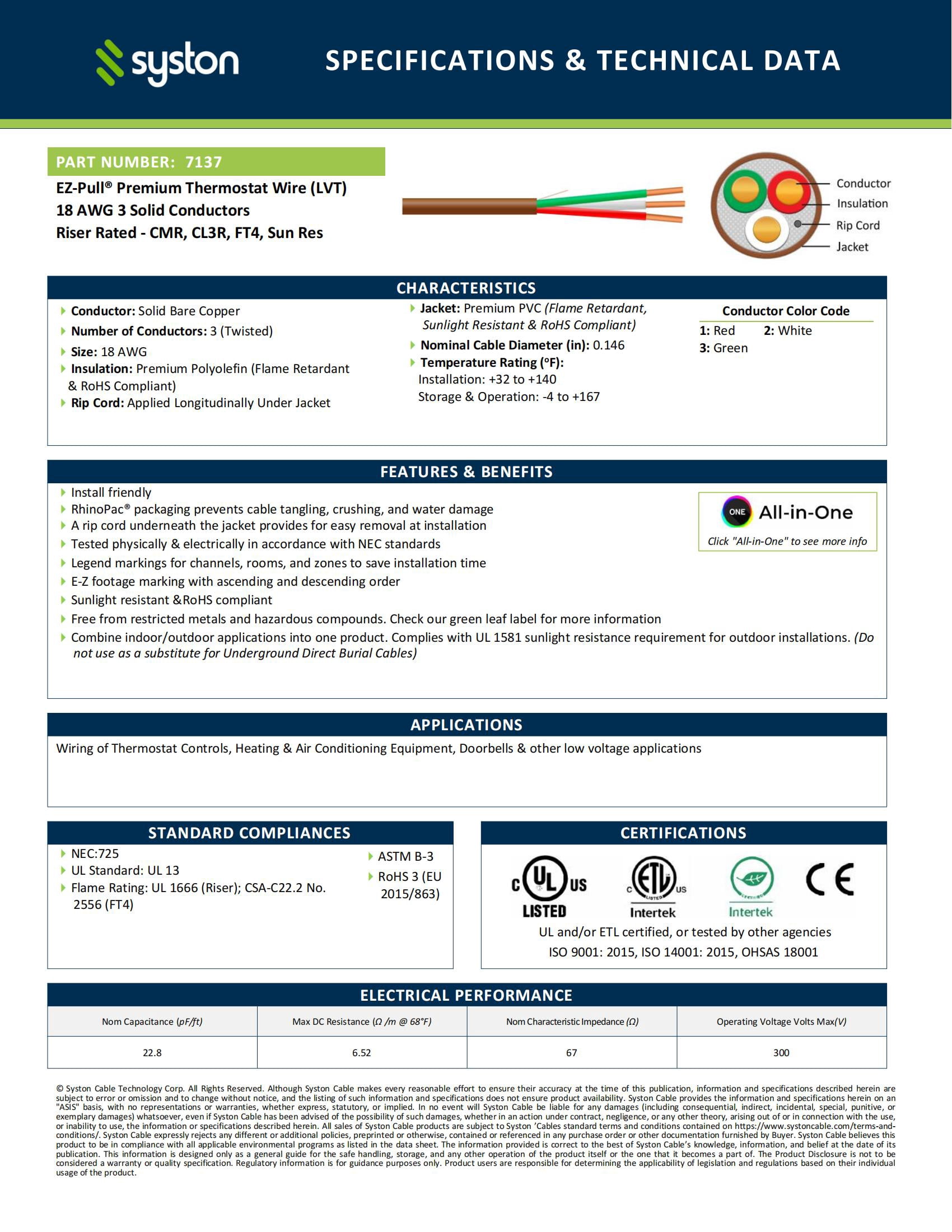 Syston 18/3 Thermostat Doorbell HVAC Heating Control Cable Wire, 100% Solid Copper Conductors CL3R/FT4/CMR Riser-Rated UL/ETL Listed, UV Resistant RoHS for Indoor/Outdoor Low Voltage Applications Use
