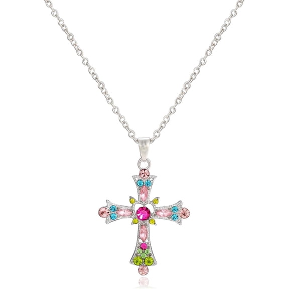 YMCSTONEMA Cross Necklace For Women Faith Cross Pendant Necklaces Cz Colorful Crystal Cubic Zirconia Rhinestone Birthday Religious Jewelry Gift For Teen And Ladies3428