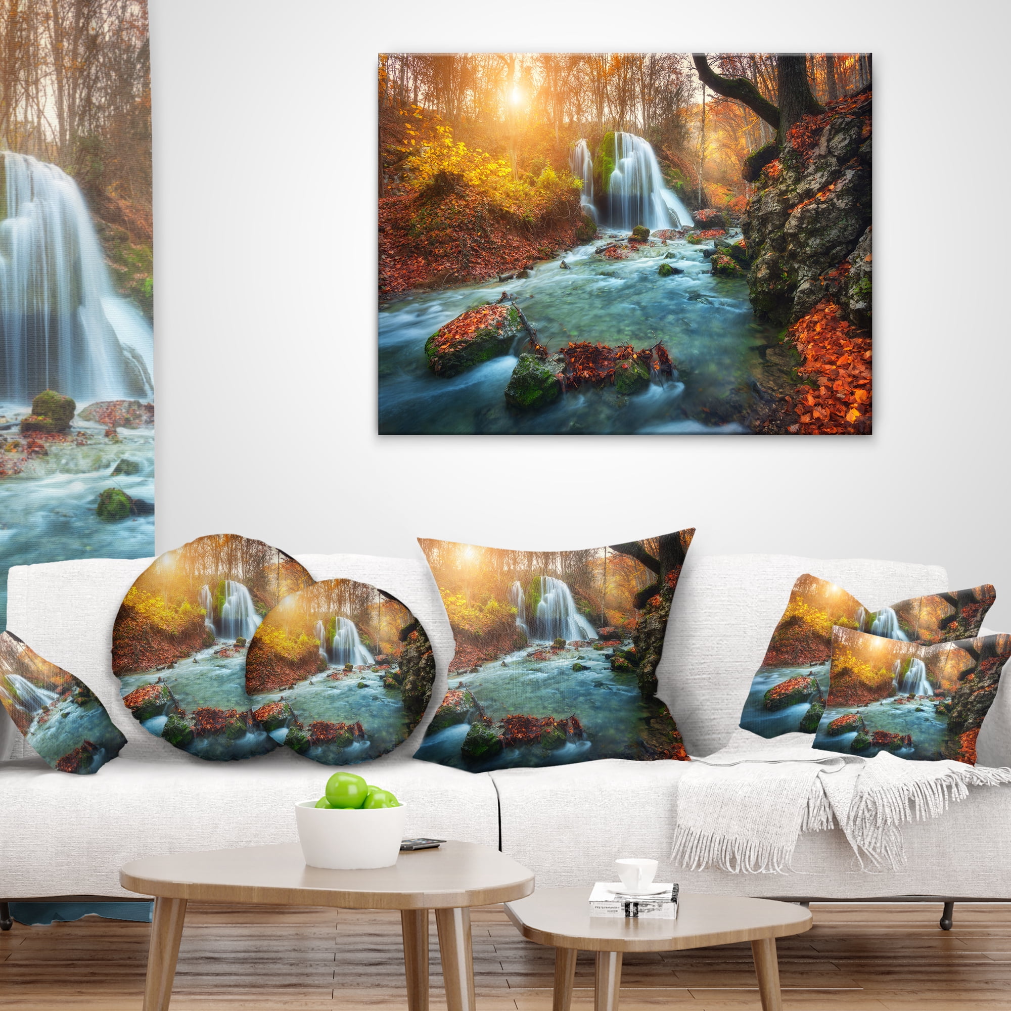 Designart Fast Flowing Fall River in Forest - Landscape Photography Throw Pillow - 18x18