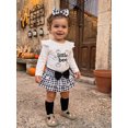 thumbnail image 6 of RUINIXCW Newborn Baby Girl My First Halloween Outfit Infant Baby Girls Fall Clothes Flying Sleeve Letter Pumpkin Ghost Print Romper Tiered Skirt Skort Headband Socks 4pcs Sets, 6 of 9