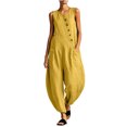 thumbnail image 2 of BRGZLK Women Sleeveless Jumpsuits Casual Dressy Button Crewneck Solid Color Lightweight Comfy Wide Leg Pants Rompers with Pockets Loose Breathable Vacation Outfits Yellow 2XL, 2 of 6