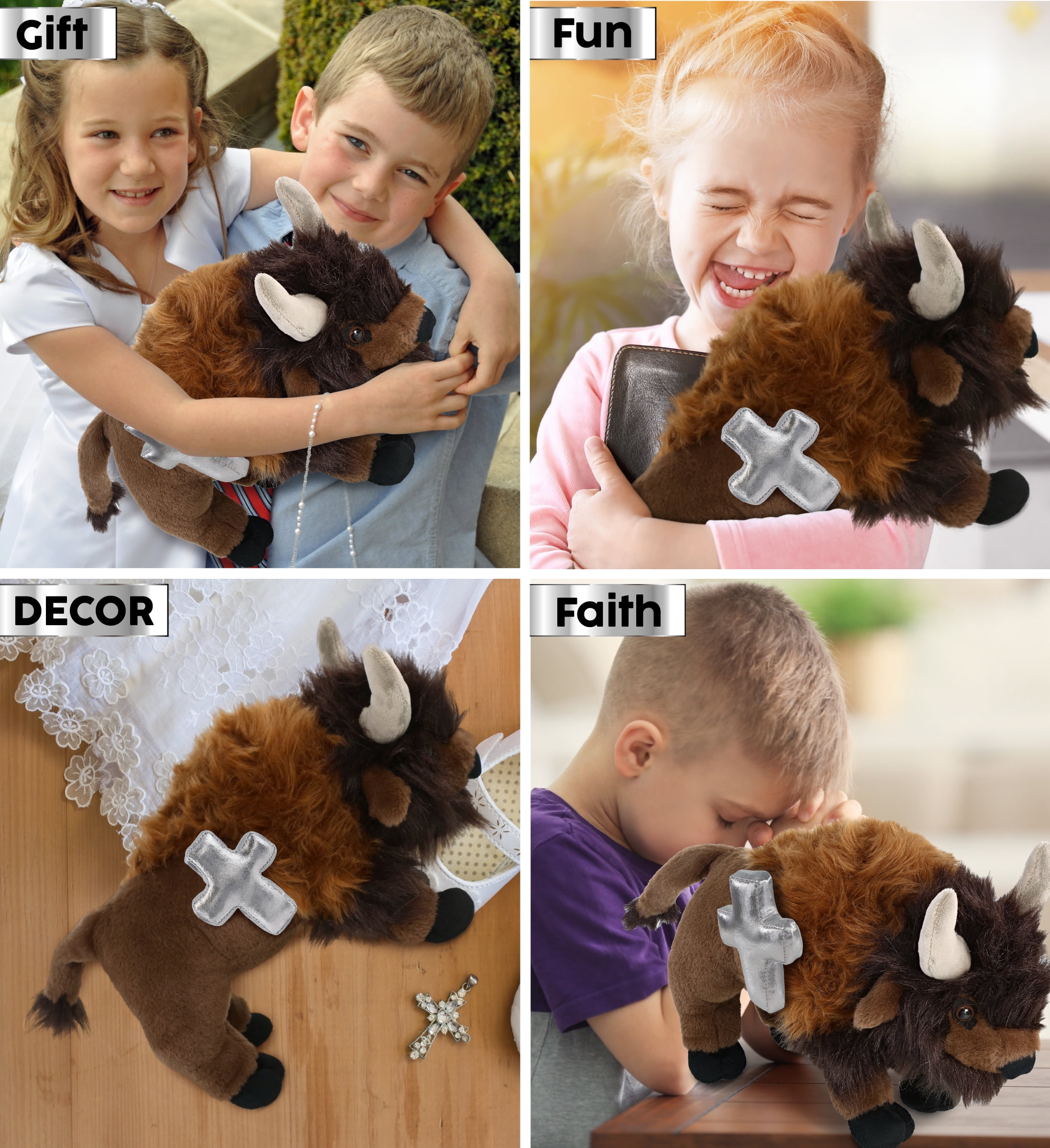 DolliBu Super Soft Buffalo Stuffed Animal with Silver Cross Plush - Religious Baptism Gifts for Boys and Girls, Dedication Christening Gifts Plush Prayer Toy Healing Stuffed Animal - 13 Inches