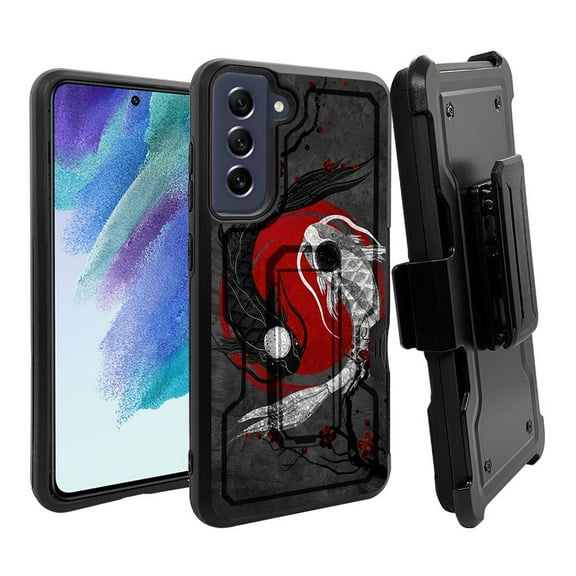 ANJ  Rugged Dual Layer Shockproof Holster Case w/Card Slot   Tempered Glass Cover for Samsung Galaxy S21 FE 5G - Taichi Koi Fish