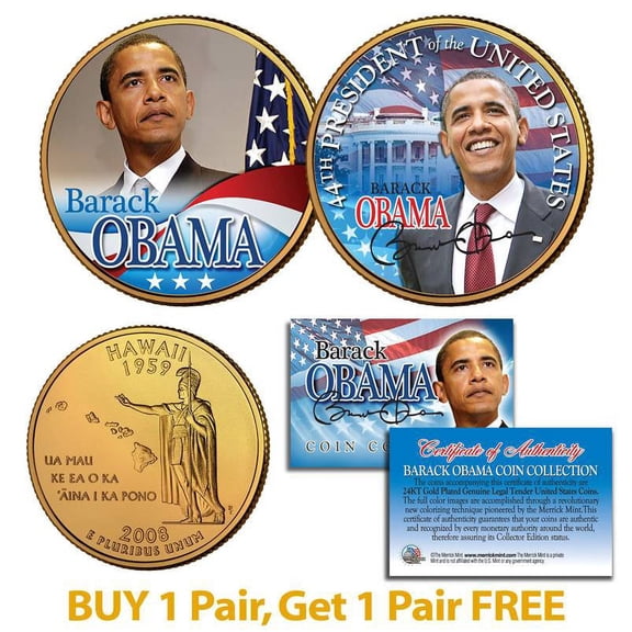 Collectible BARACK OBAMA Inauguration Hawaii State Quarters 2-Coin Set 24K Gold Plated BOGO