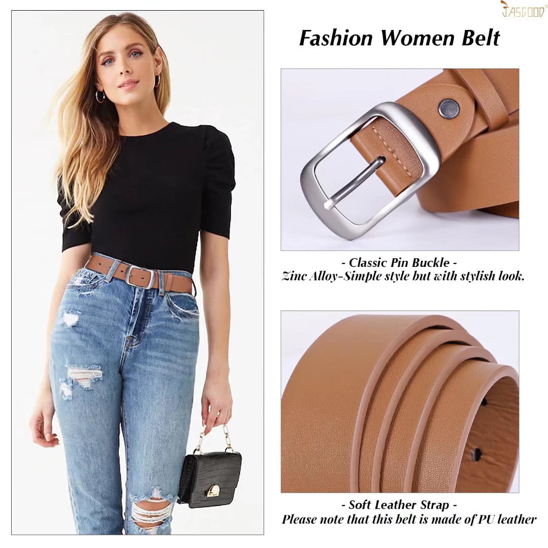 2 Pack Women Leather Belts for Jeans Fashion Ladies Black Brown Waist Belt  