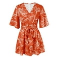 thumbnail image 4 of Qcmgmg Womens Summer Short Flared Sleeve Romper V Neck Floral Print Jumpsuit Waist Tie Layer Ruffle Hem Dress Look Rompers Saffron L, 4 of 5