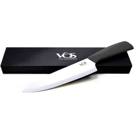 

Vos Ceramic Knife 8 Inch Chef with Cover and a Gift Box - Advanced Kitchen Tool for Chefs - Sharp Plain Blade Edge for Cutting Paring Slicing Dicing Chopping - Ideal for Vegetable Fruits (Black)