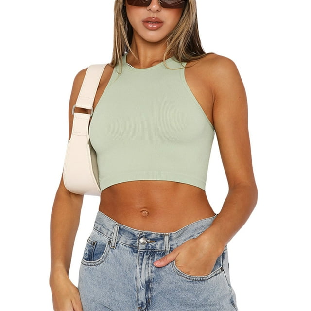 Faithtur Women Solid Color Tank Tops Ribbed Crew Neck Sleeveless Vests Summer Slim Fit Exposed Navel Crop Tops Streetwear