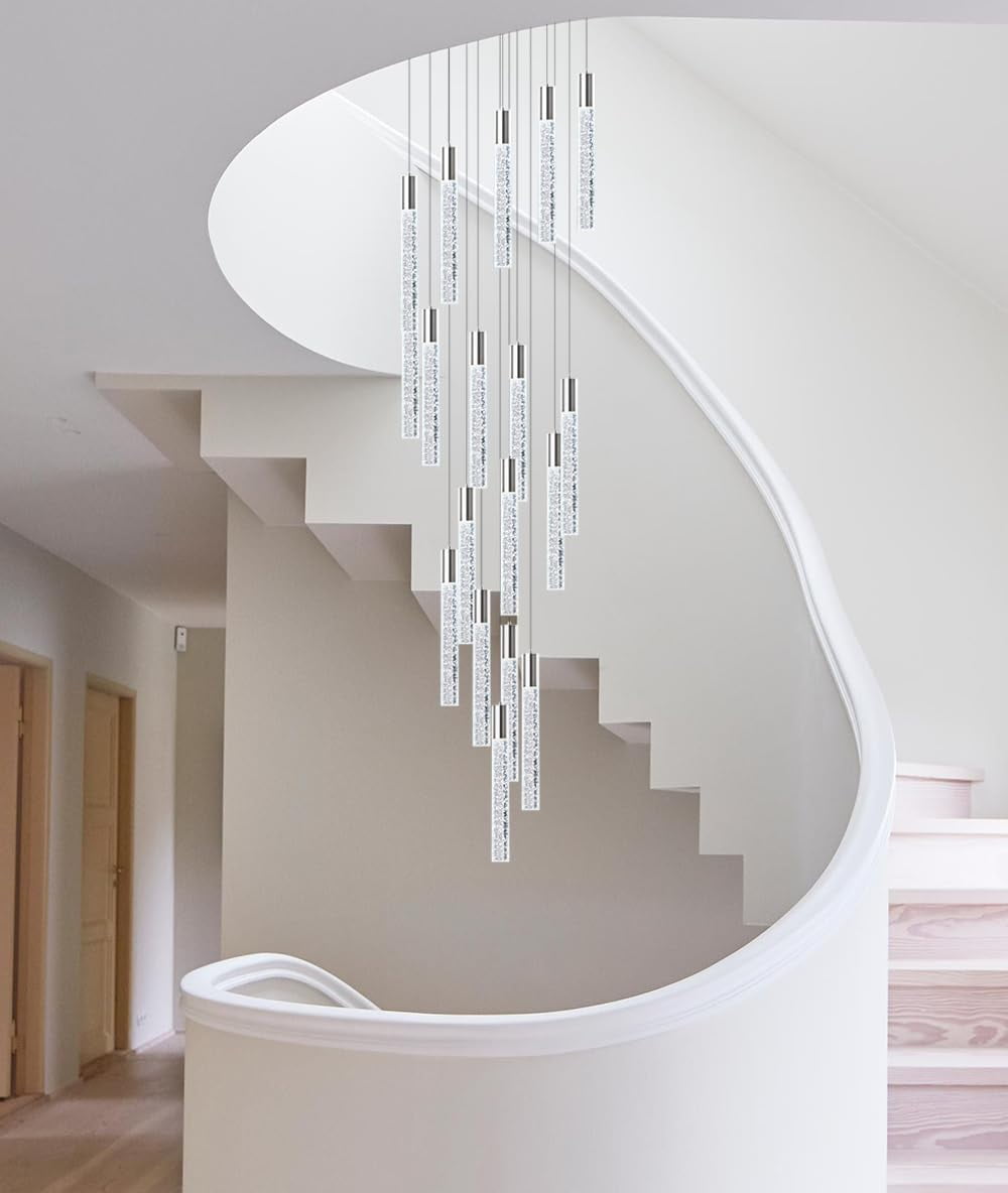 Modern Crystal Chandelier Dimmable LED Pendant Light Fixture 18-Light Silver Staircase Mini Chandelier Lobby Living Room Bedroom Foyer Flush Mount High Ceiling Light Fixtures(90W)
