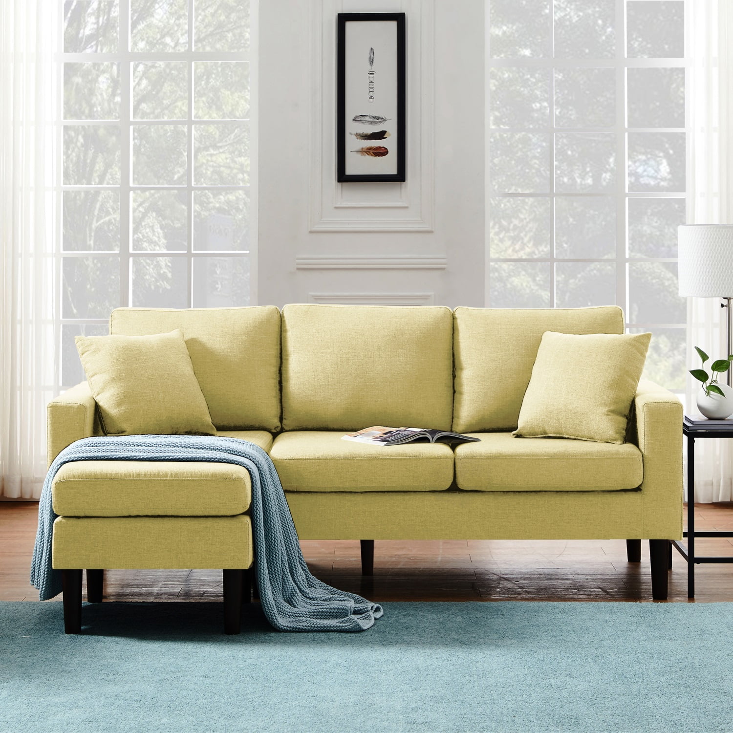 Kadyn 72" Sectional Sofa, L-Shaped Sofa with 2 Pillows, Fabric 3-Seat Sofa for Living Room, Yellow