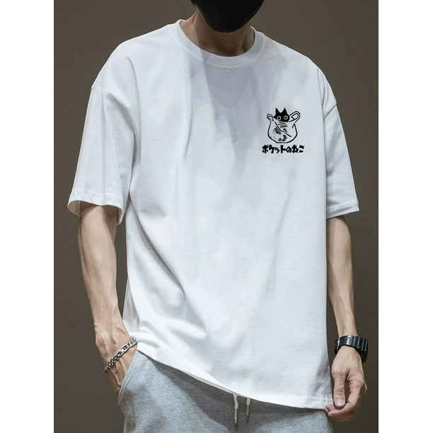 Camiseta de hombre 100 % algodón con estampado gráfico de gato, informal, de manga corta y cuello redondo, para verano y actividades al aire libre.