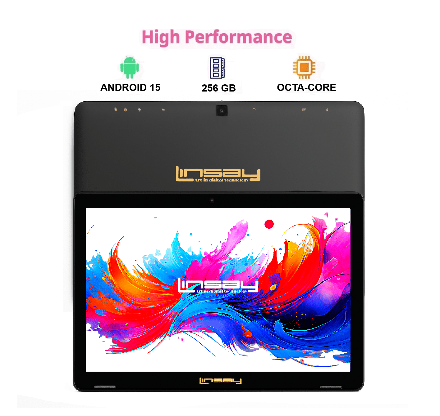 LINSAY 10.1" Octa Core 256GB Storage Android 15 Tablet with Brown Leather Case