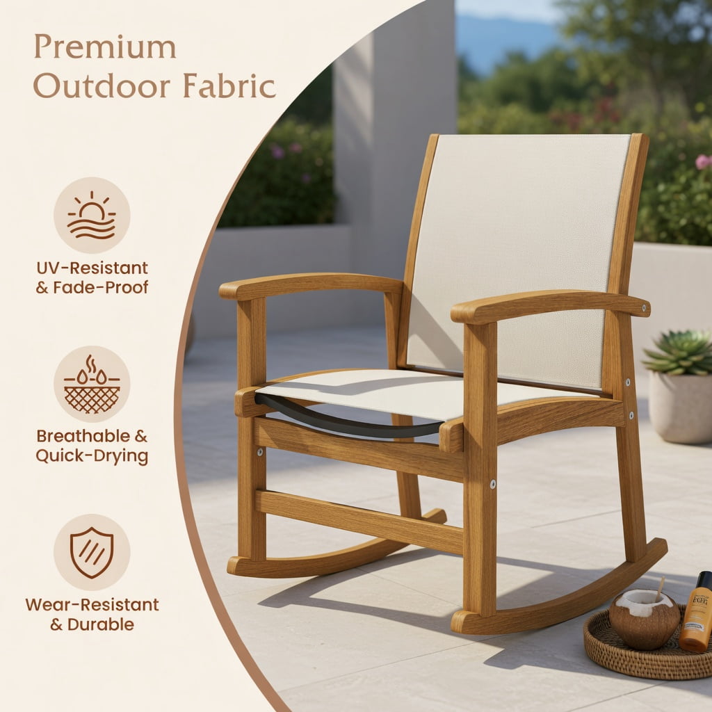 Hommoo 2-Piece Acacia Wood Patio Dining Chairs Set, Breathable Fabric Seat & Back, Outdoor Armchairs for Deck, Patio or Poolside, Natural+Beige