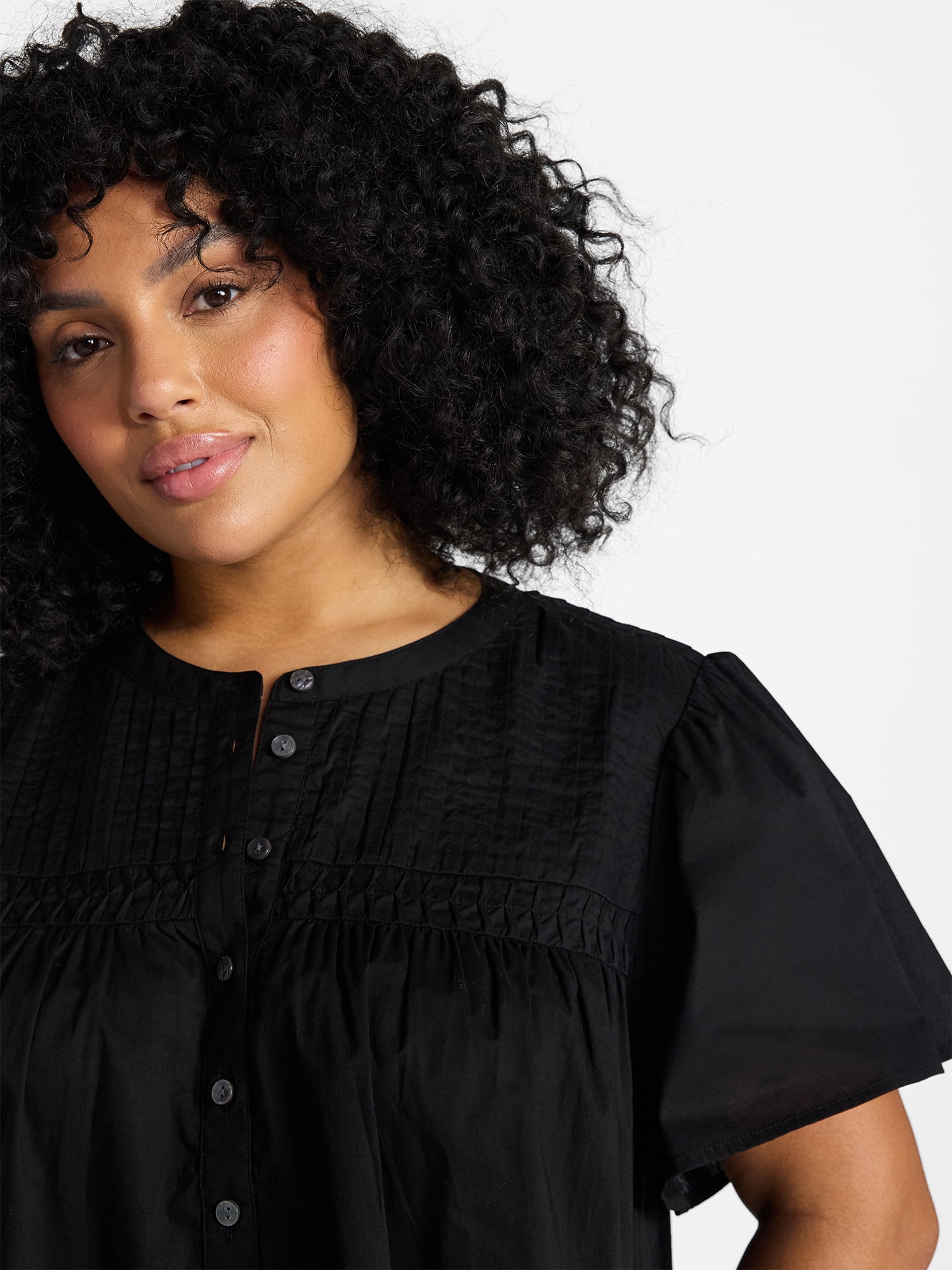 Terra & Sky Women’s Pleated Yoke Top with Short Flutter Sleeves, Sizes 0X-5X