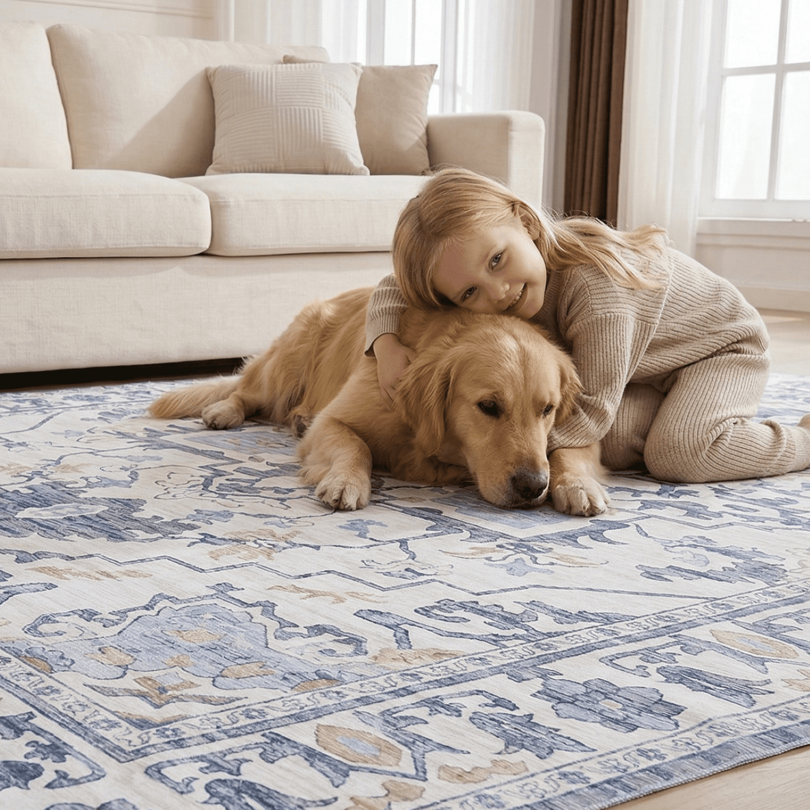 Kelno 8'x10' Area Rugs Vintage Living Room Rug Washable Low Pile Indoor Carpet Non-slip Soft Rug Bedroom Dining Room, Blue