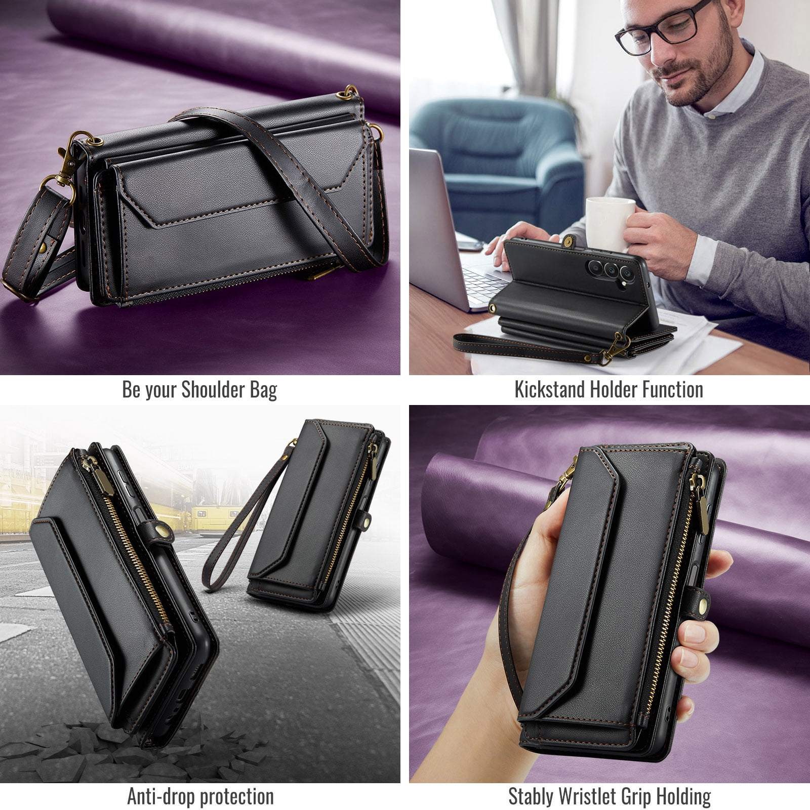 Asuwish Compatible with Samsung Galaxy A16 5G/4G Zipper Wallet Phone Case Tempered Glass Screen Protector Crossbody Lanyard Strap Flip Card Holder Slot Cell Cover for A 16 16A SM-A166U Women Black