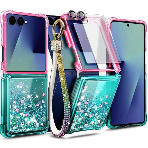 NGB SUPREMACY For Samsung Galaxy Z Flip7 Phone Case Screen Protector Wrist Strap Lanyard Shiny Sparkly Glitter Galaxy Z Flip 7 Case Cover