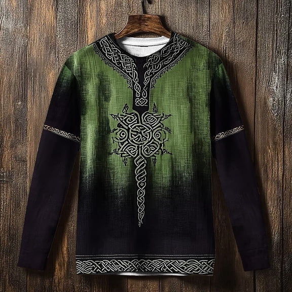 Men's Long Sleeve Gradient Celtic Knot Printed Crew Neck Sweatshirt Retro Celtic Cultural Fashion Long Sleeve Top for Men with Artistic Cultural Patterns(Green,L)