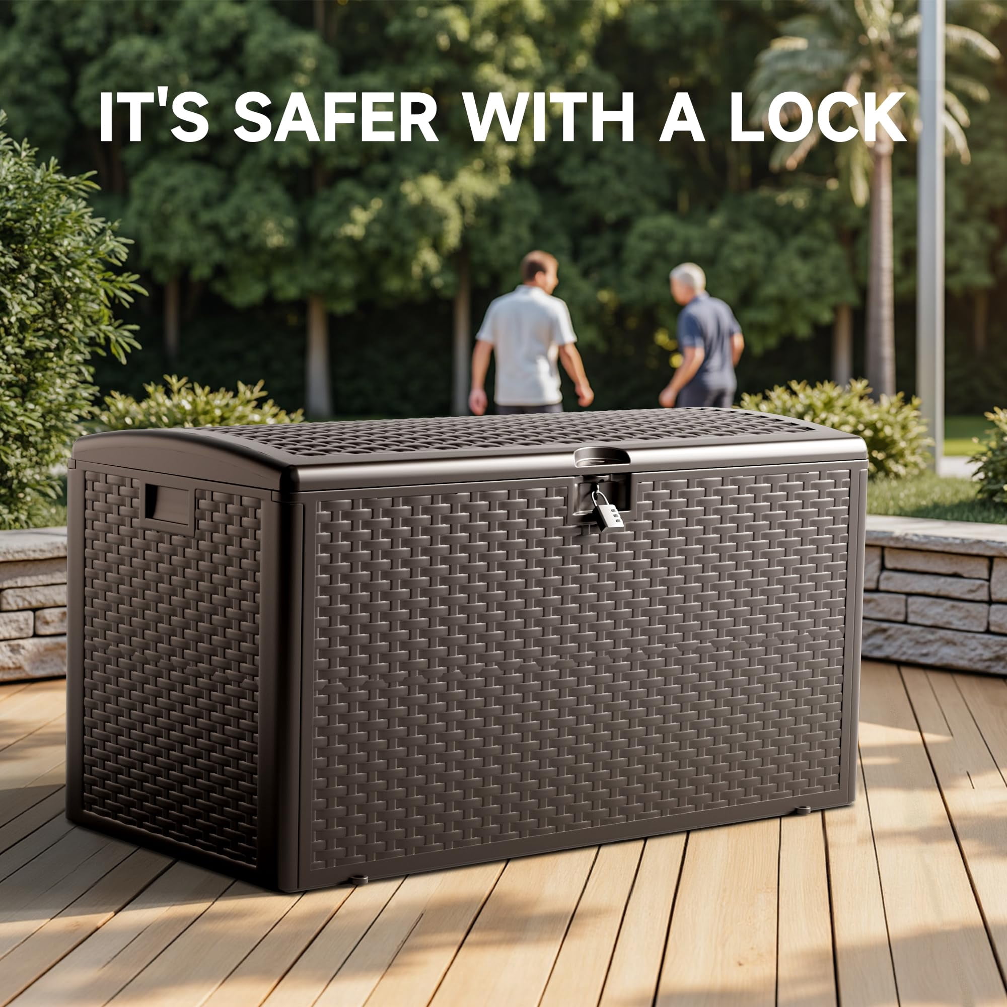 T-SKR 90-Gallon Double-Layer Blow-Molded Resin Storage Chest, Weatherproof Lockable for Patio & Garden Supplies, Brown
