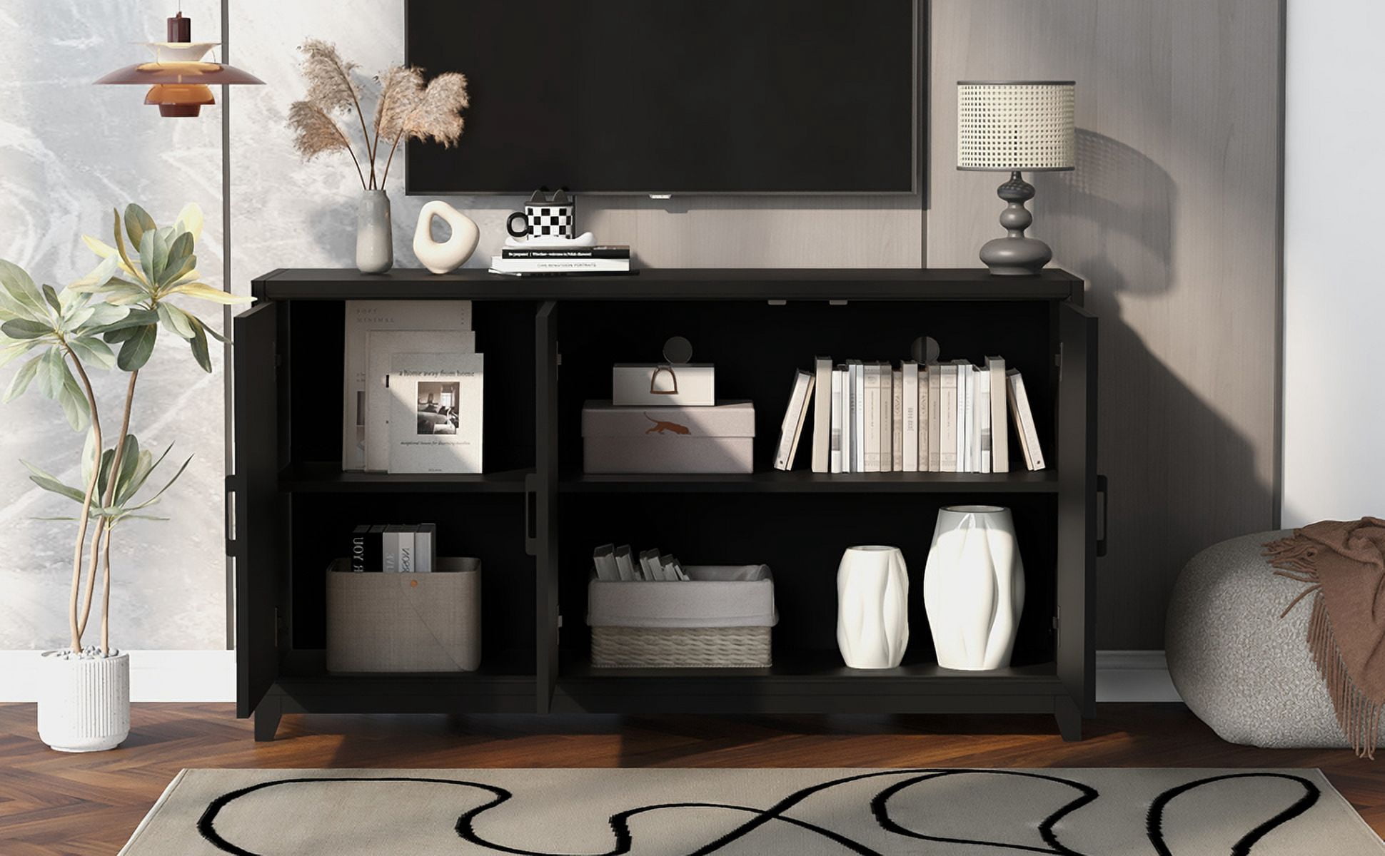 Euroco Modern TV Stand with Adjustable Shelves & Solid Wood Legs – Media Console Cabinet with Storage for Living Room or Bedroom