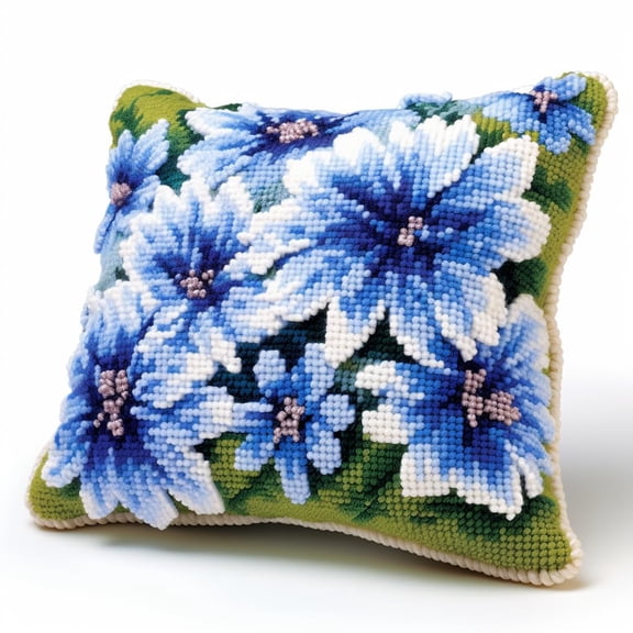 Latch Hook kits Pillow Cover Blue Daisy Flowers Printed Canvas Cushion Crochet Yarn Needlework DIY Hook Latch Kit Embroidery Pillowcase Rug Home Sofa Christmas Decoration 43x43cm(2)