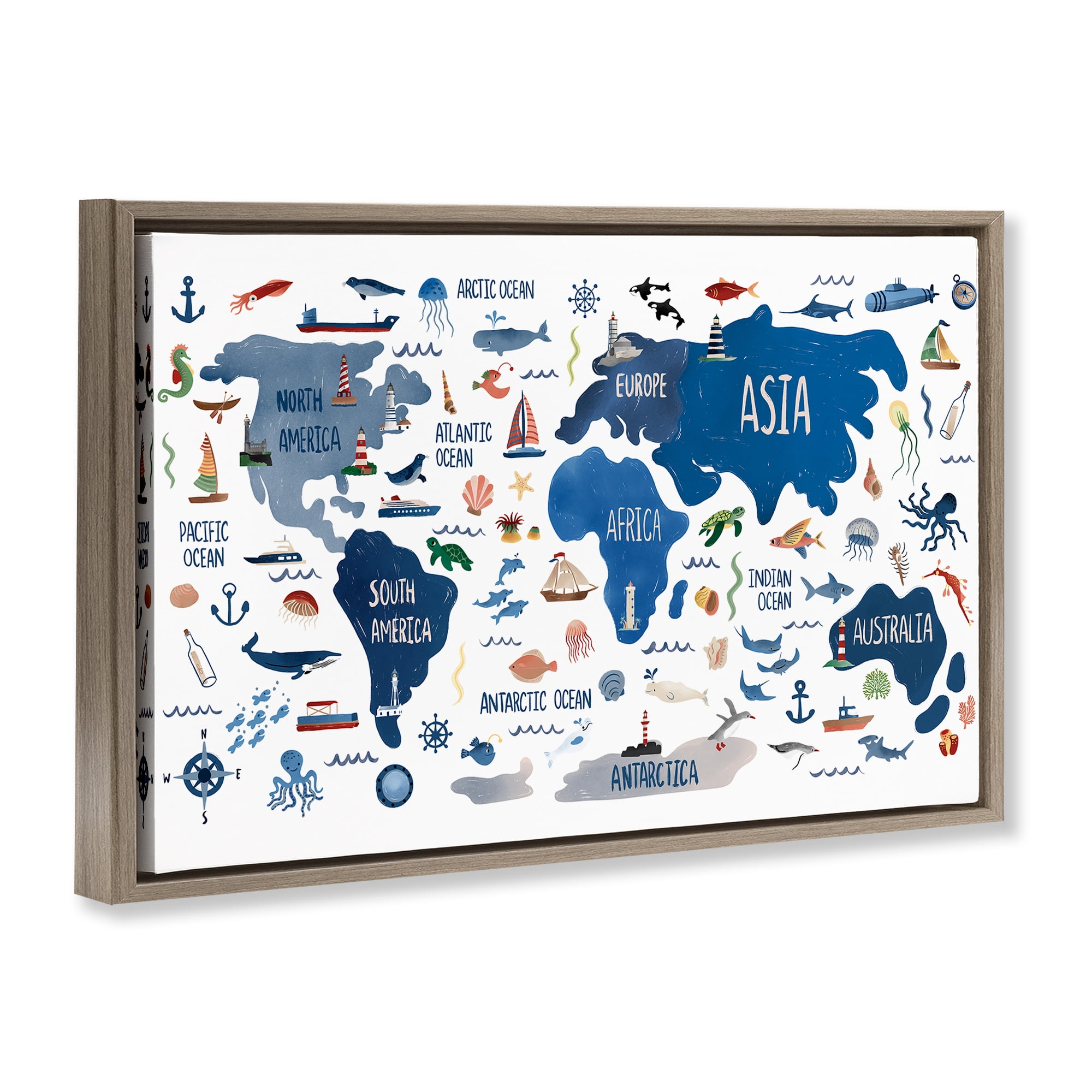 Stupell Industries Nautical Themed Map Town & City Painting Brown Floater Framed Art Print Wall Art, 25 x 17
