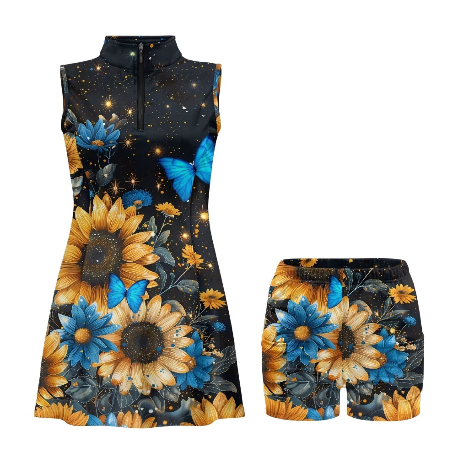 Yuyamidu Blue Butterfly Womens Golf Dress Sunflower Zip Up Womens Sleeveless Golf Tennis Dresses Built in Shorts Athletic Dress with Pockets for Workout Exercise Size 2XL