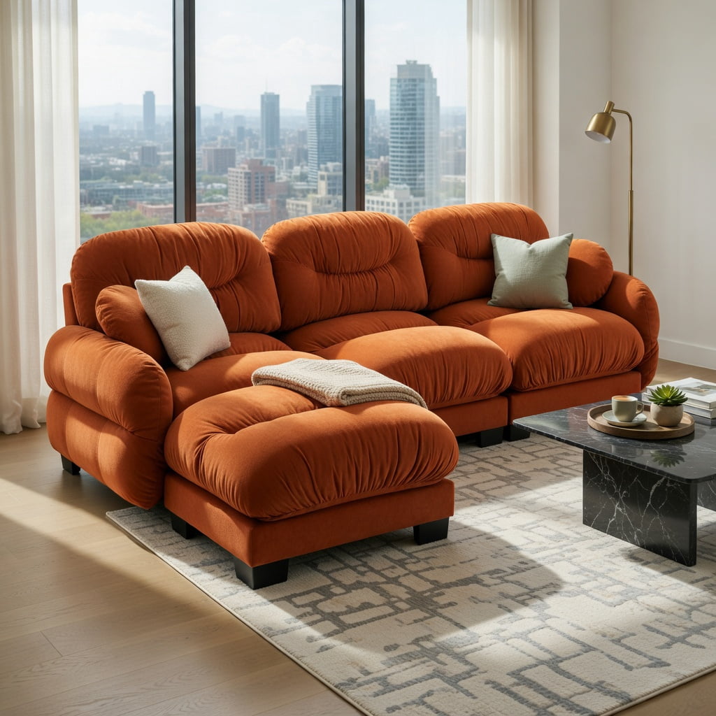 Hommoo Chenille 2-Seat L-Shaped Modular Sectional Sofa with Ottoman, Ergonomic High-Density Foam, Pleated Back Design & 2 Round Throw Pillows, Orange