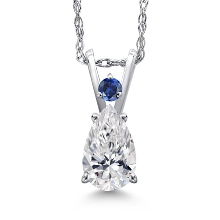 Gem Stone King 14K White Gold DEF Lab Grown Diamond and Blue Created Sapphire Pendant Necklace for Women | 0.57 Cttw | Gemstone April Birthstone | Pear Shape 7X5MM | With 18 inch Chain