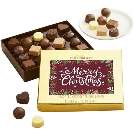 Simply Chocolate 18 Piece Merry Chistmas Boxed Chocolates Pefect for Family, Friends, Coworkers, Corporate Gifting, Snack Gift Basket, Goumet Food Gifts