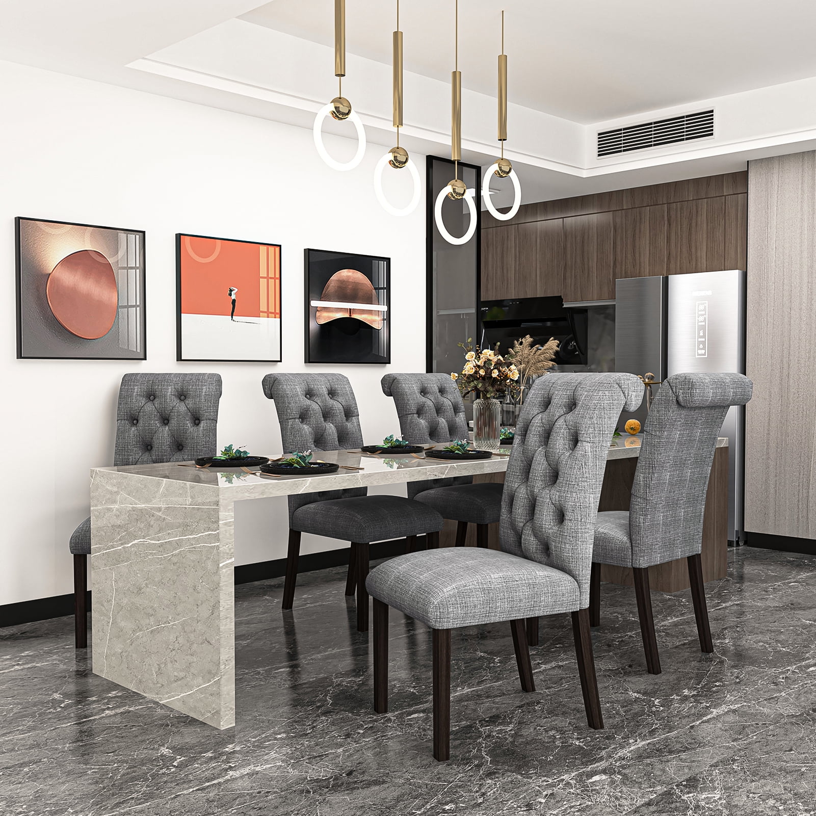 Yardi Yard Set of 2 Grey Linen Fabric Upholstered Tufted Dining Chair with Solid Wood Legs for Kitchen Yardi Yard Set of 2 Grey Linen Fabric Upholstered Tufted Dining Chair with Solid Wood Legs for Kitchen