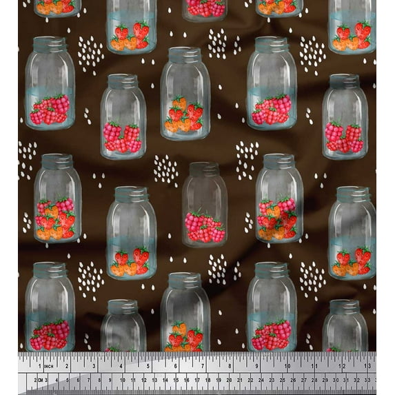 Soimoi Brown polyester Crepe Fabric Bottle Vase & Strawberry Fruits Print Sewing Fabric Yard 52 Inch Wide