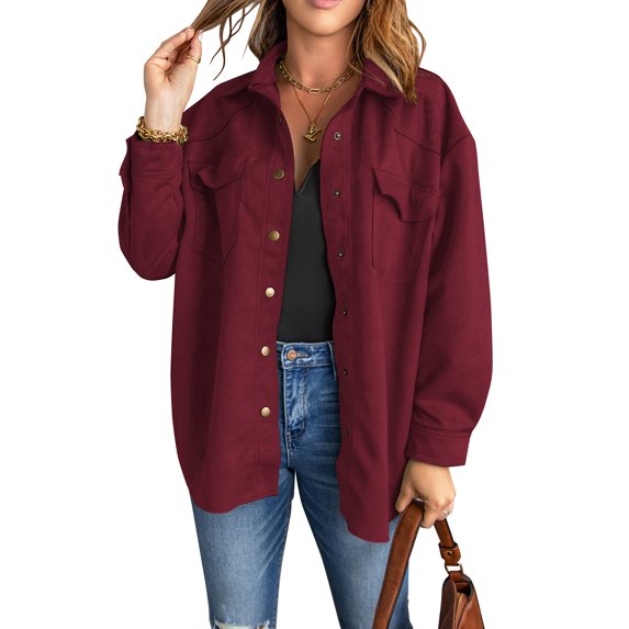 Asyoly Women Winter Shacket Jacket Long Sleeve Button Down Faux Suede Jacket Coats Casual Outwear with Pockets S-XXL