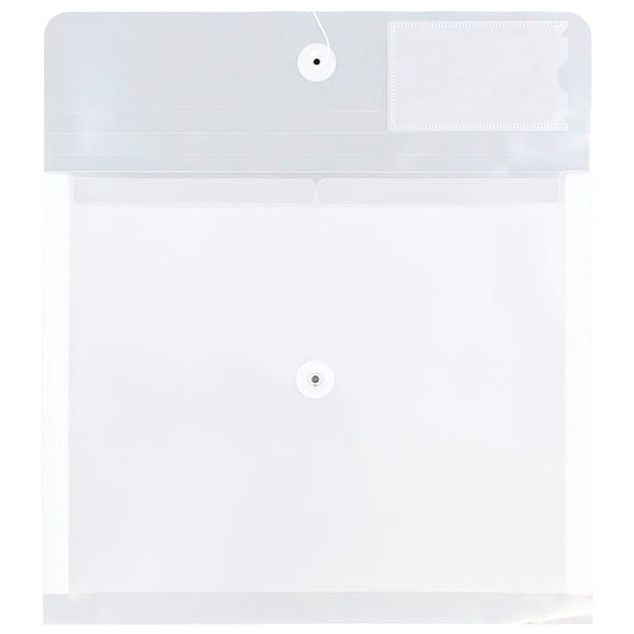 JAM Paper Plastic Envelopes, 12.8x10.5x1.5, 12/Pack, Clear with 2 Dividers, Button String, Letter Booklet